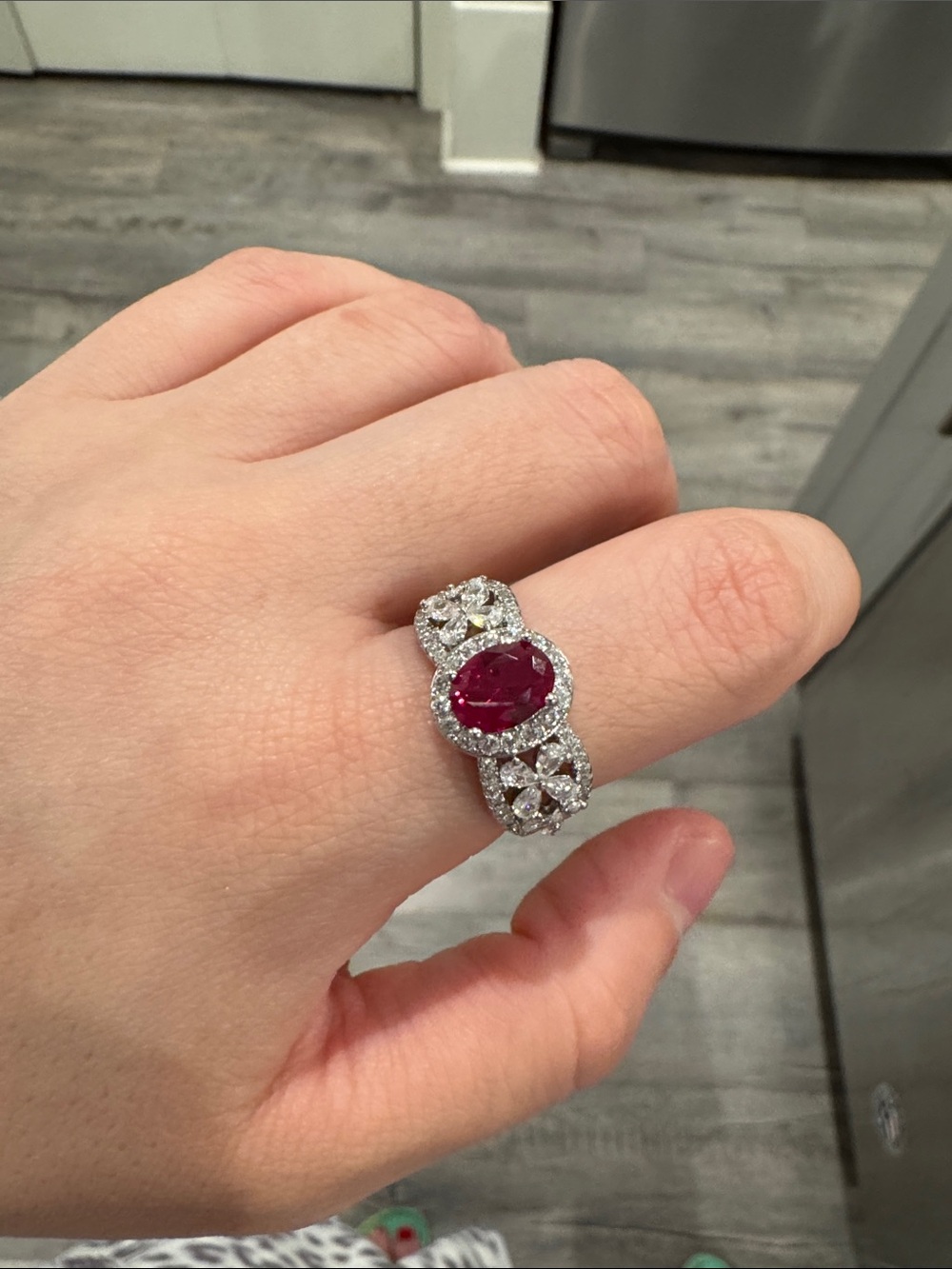 Cultivated Ruby Statement Ring Silver Tone Adjustable Floral CZ